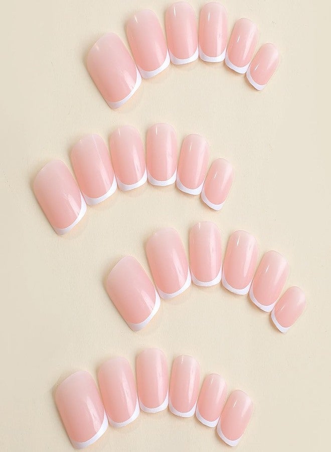 KRTBKR 24Pcs White French Tip Press on Nails Short Petite Fake Nails Square Shaped Acrylic Glue on Nails Reusable Stick on Nail Nude Pink False Nails Glossy Designs for Women Girls DIY Manicure Decorations - Image 2